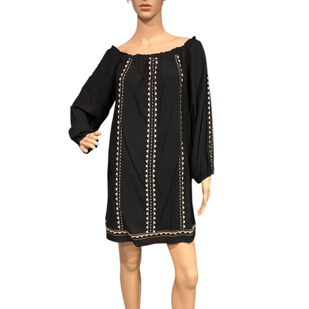 FYLING TOMATO Black Mini Dress With Embroidered Accents Long Sleeve Sz M